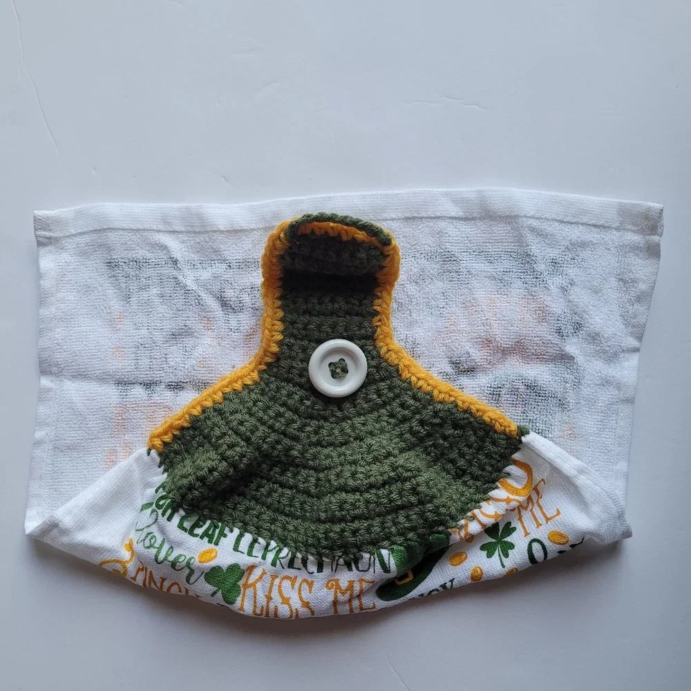 Handmade Kitchen Towel Irish Lucky Gold Crotchet Top With Button For Hanging